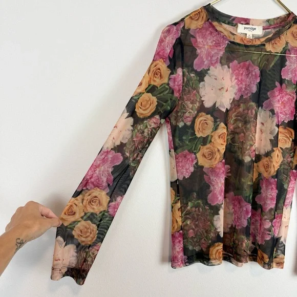 Anthropologie Porridge Kona Mock Neck Floral Mesh Long Sleeve Shirt Size Medium - Picture 10 of 12